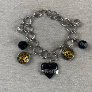 Guess Leopard Cheetah Black Silver Tone Charm Bracelet Heart